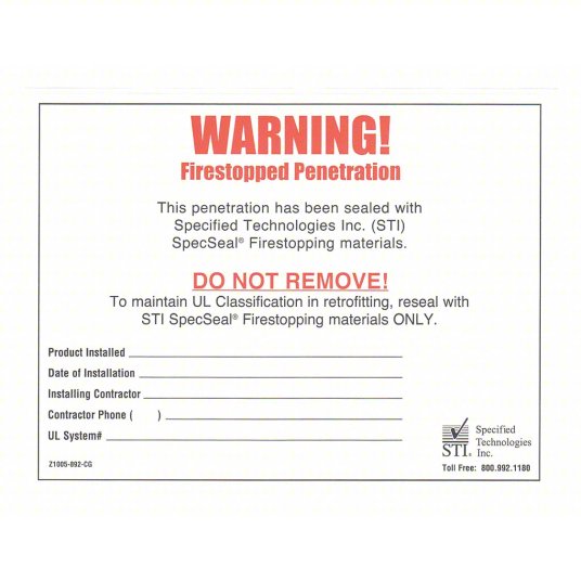 Firestop Penetration Warning Label